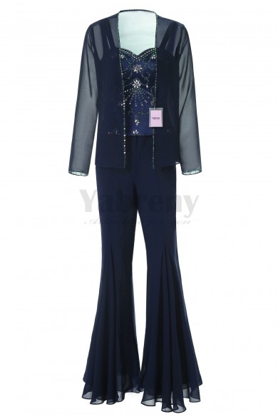 Yabreny Exquisite Hand-beading Chiffon Mother of the Bride Pantsuits Dark Navy MT001705-2