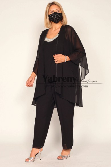 3PC Modern Plus Size Black Chiffon Mother of the Bride Pantsuits, Tenues pour femmes de grande taille mps-593