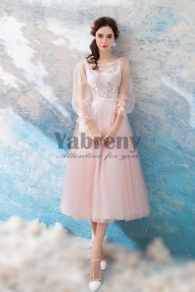 Yabreny Mid-Calf pink Prom Dresses Long Sleeves under $100 Homecoming dresses TSJY-014