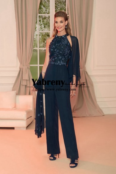 Dark Navy Halter Mother of the Bride Jumpsuit with Shawl, Wedding Guest Outfits, Overalls für Damen mps-653