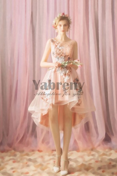 Yabreny Mid-Calf Appliques Homecoming Dresses lovely pink High-low prom Dresses TSJY-030
