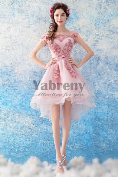 Yabreny pink Front Short Long Back lovely Appliques Homecoming dress Off the Shoulder prom Dresses TSJY-025