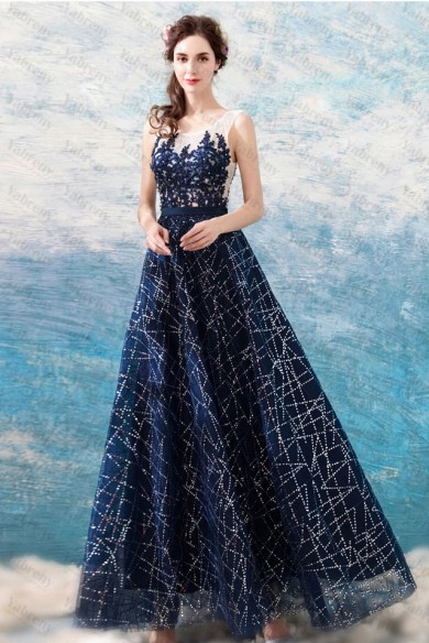 Dark Navy Sequined Fabrics Prom Dresses lace A-line Evening Dresses TSJY-158