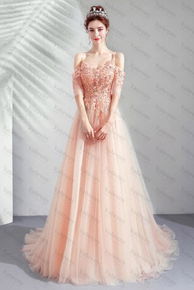 Spaghetti Pink Brush Train Prom Dresses Hand Beading Evening Dresses TSJY-172