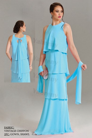 Blue Chiffon Tiered Mother of the bride dresses with shawl mps-324
