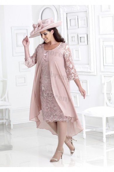 Plus size Pink Lace Mother of the bride dress with chiffon Overlay mps-345
