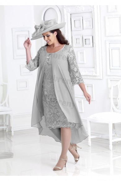 Plus size Silver Gray Lace Mother of the bride dress with chiffon Overlay mps-343