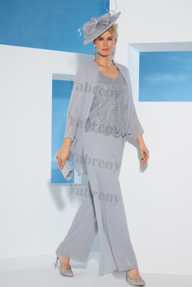 Silver Gray Lace Mother of the bride Trousers Sets 3 PC Women