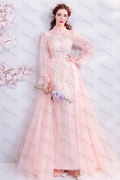 Pink Sleeve length Elegant Sweep Train Jewel Prom Dresses TSJY-114