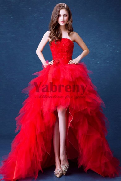 Yabreny Dressy Strapless Brush Train red Front Short Long Back prom Dresses TSJY-020