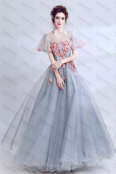 Empire A-line Evening Dresses Handmade Flower Gray Prom Dresses TSJY-106