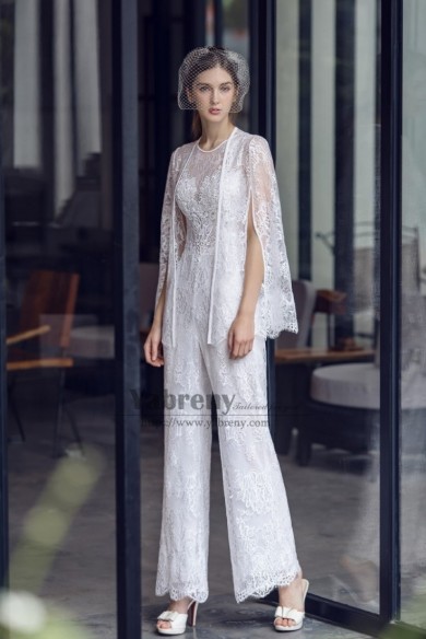 Elegant Chic Lace Wedding Jumpsuit with Jacket, Tute da sposa, Wedding Guest Dreses, Monos de boda so-333