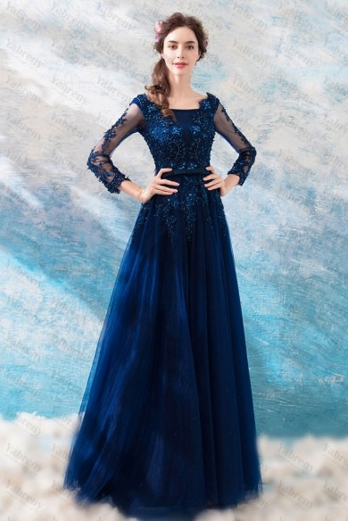 Dark Blue Scoop Prom Dresses Long Sleeves Hand Beading Evening Dresses TSJY-171