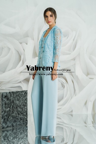2022 3 Pieces Mother of the Bride Pant Suits with Lace Jacket, Sky Blue Losse Trousers Women