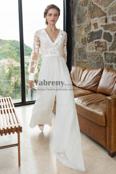 2022 Unique Wedding Jumpsuits with Lace Sleeves Bridal Wide Pantsuits Sposa Pantalone so-350