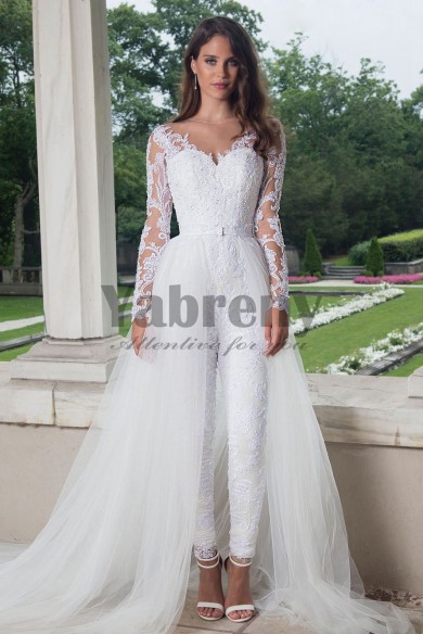 White bride Jumpsuit With Deatachable Train Long Sleeves Lace Garden Wedding Dress so-118