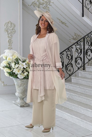 2022 Flowy Pearl Embellished Mother of the Bride Pant Suits Three Piece Chiffon Women Outfits mps-744