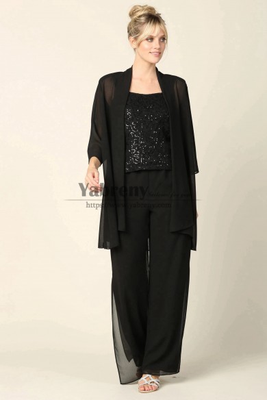 Plus size Black Mother of the Bride Chiffon  Pant Suits Dresses for Special Occasion mps-723-4