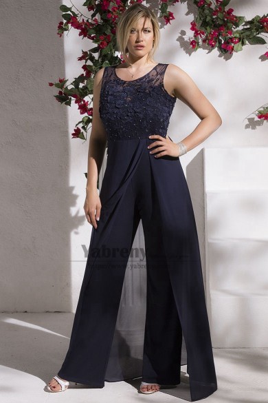 Navy Chiffon Overskirt Mother of the Bride Jumpsuits Chest Appliques ...