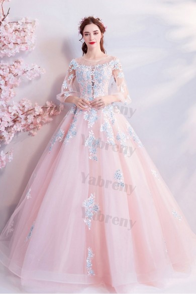 Pink Half Sleeves Floor-Length Quinceanera Dresses A-line prom dresses TSJY-190