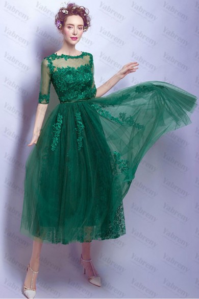 2020 lovely Green Mid-Calf Half Sleeves prom Dresses TSJY-088