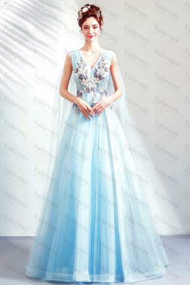 A-line Prom Dresses V-Neck Sky Blue Glamorous Party Dresses TSJY-154