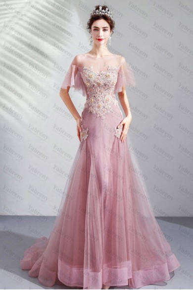 Charming Pearl Pink Prom Dresses Chest Appliques Sweep Train Evening Dresses TSJY-167