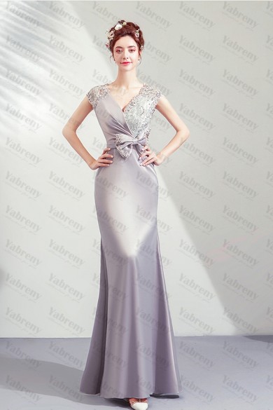 Gray lace V-neck Prom Dresses Discount Modern Evening Dresses with Bow TSJY-124