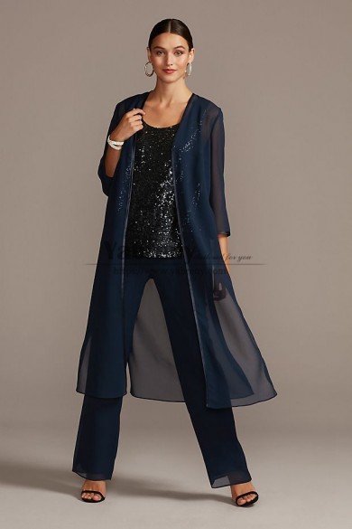 Dark Navy Chiffon Top Pant Suits for Mother of the Bride with Long Jacket mps-724
