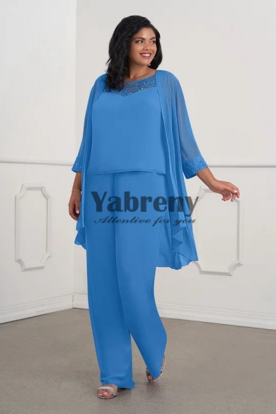 3PC Plus Size Mother Of The Bride Outfits, Ocean Blue Chiffon Women