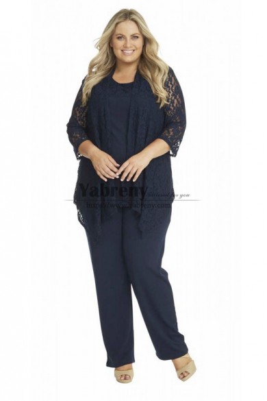 Plus Size Dark Navy Lace Pant suits for Grand Mother of the Bride Women Outftis mps-736-1