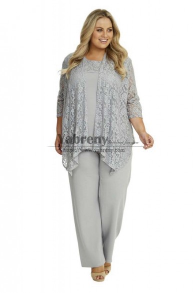 Plus Size Silver Gray Lace Pant suits for GrandMother of the Bride Women Outftis mps-736-2