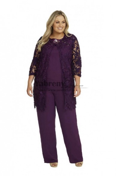 Plus Size Three Pieces Mother of the Bride Pant Suits with Lace Jacket Purple Women Outftis mps-737