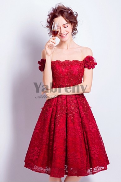 Yabreny Burgundy lace Homecoming Dresses Knee-Length Off the Shoulder prom Dresses TSJY-038