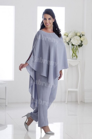 Plus size Mother of the bride Pants Suits With Asymmetry Overlay Gray Women