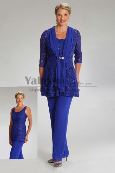 3PC Royal Blue Sequins Mother of the bride Pant Suits With Jacket mps-482