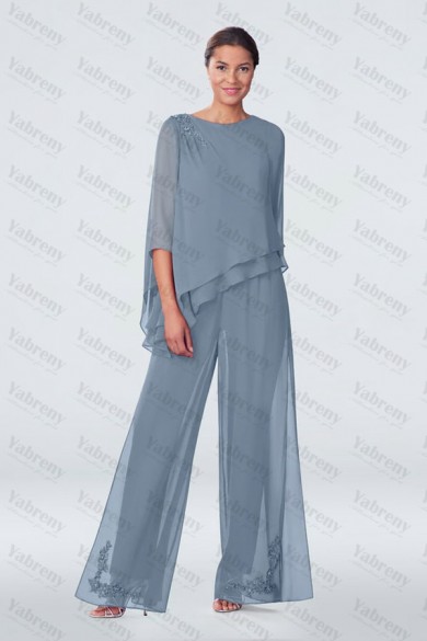 Asymmetry Gray Chiffon Embroidery Loose Mother Of the bride Pants Suits mps-284