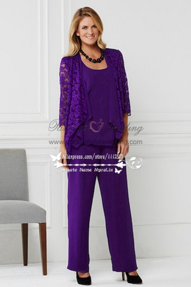Grape mother of the bride pant suits 3PC purple lace Formal women