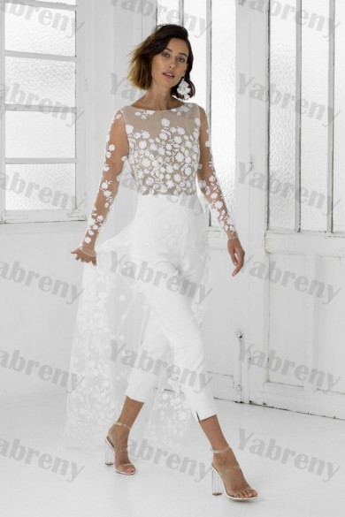 Modern Long Sleeves Lace Wedding Dress Mid-Calf Bride Jumpsuits so-246