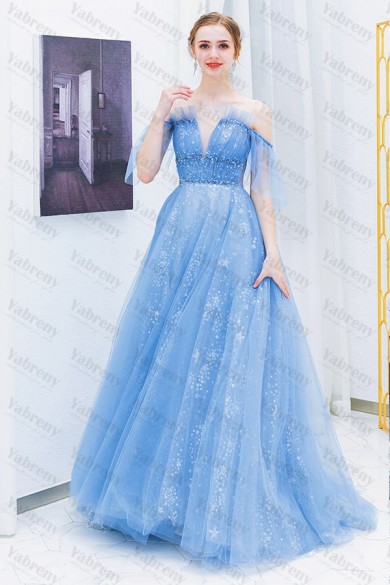 2020 Gorgeous A-line Sky Blue Empire prom dresses TSJY-081