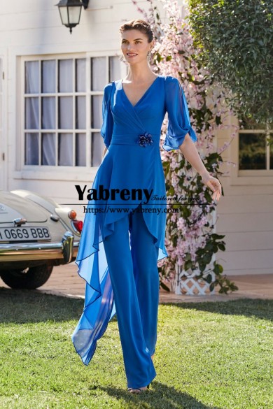 2022 Fashion V-neck Ocean Blue Stylish Mother of the Bride Pant suit Special Occasion pantalón, Tenues d