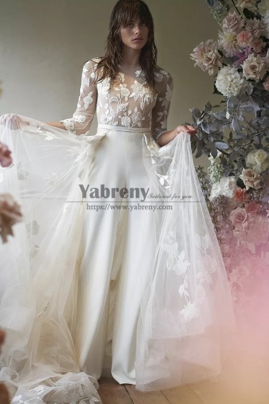 2022 Popular Wedding Jumpsuits Dresses With Tulle Overskirt,Chic Sposa Tuta Pantalone so-341
