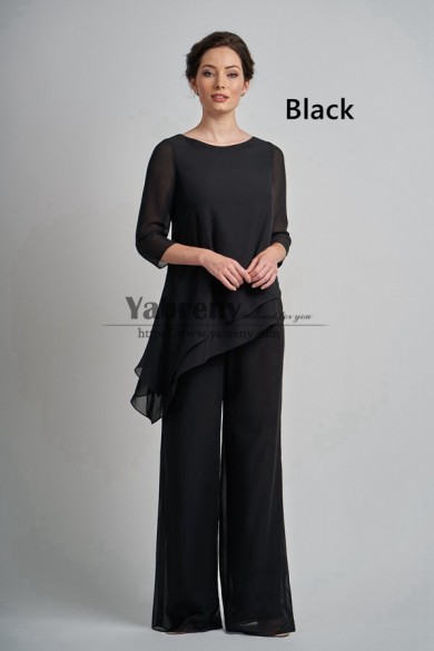 2 Piece Mother of the Bride Pant Suits, Black Chiffon Spring Women Elastic Waist Pant Outfits mps-756-1