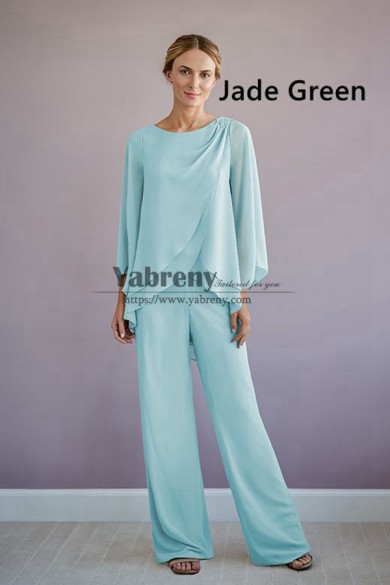 2 Piece Spring Mother of the Bride Pant Suits, Jade Green Chiffon groom mother for Wedding Guest mps-755-6