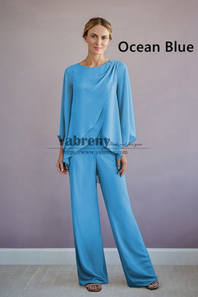2 Piece Spring Mother of the Bride Pant Suits, Ocean Blue  Chiffon groom mother for Wedding Guest mps-755-7