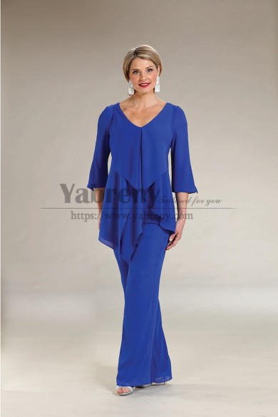 2PC Royal Blue Chiffon Mother of the bride Pant suits Women