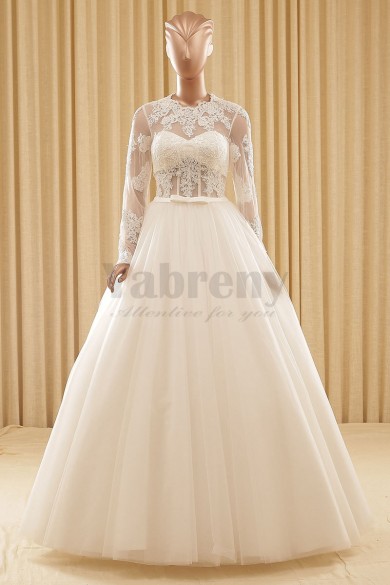 A-Line Floor-Length Lace Long Sleeves Ball Gown Wedding dresses wd-003