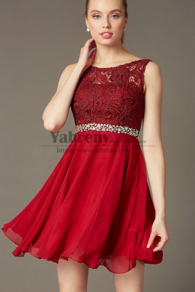 A-link Burgundy Lace Graduation Dress, Charming Short Party Dress with Glass Drill Belt  sd-010-1
