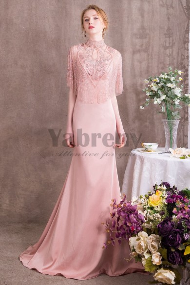 Blushing Pink Charmeuse Prom dresses With Delicate Hand beaded cape so-001