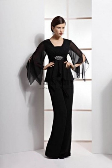 Black Chiffon two picec mother of the bride trousers suits mps-263